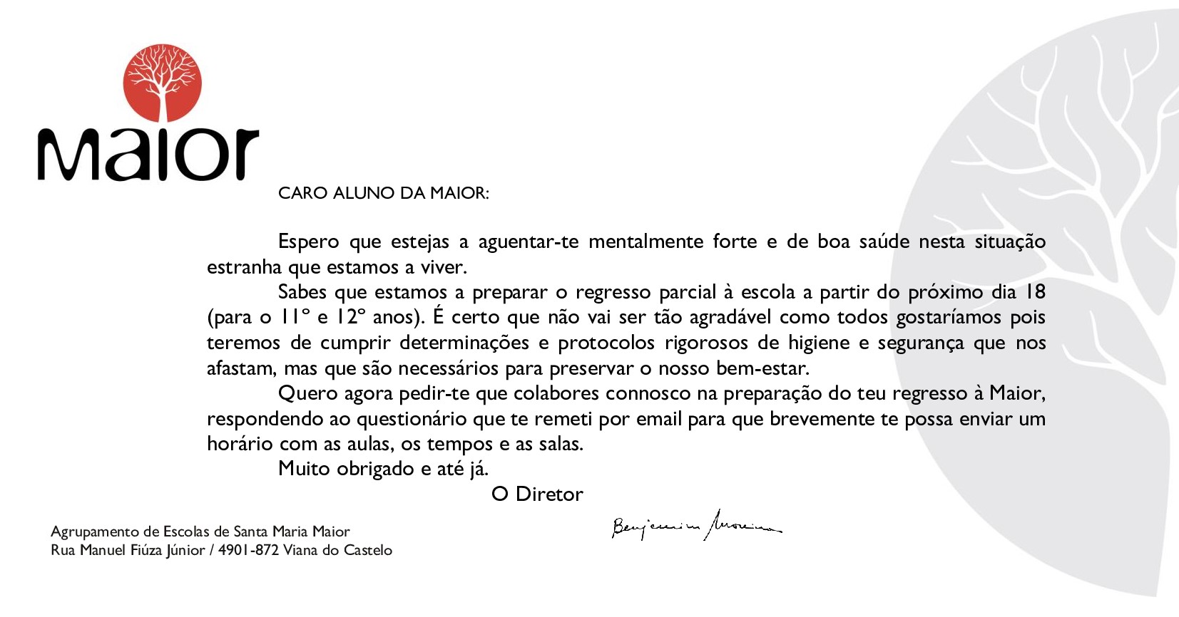 Carta aluno Regresso à Escola