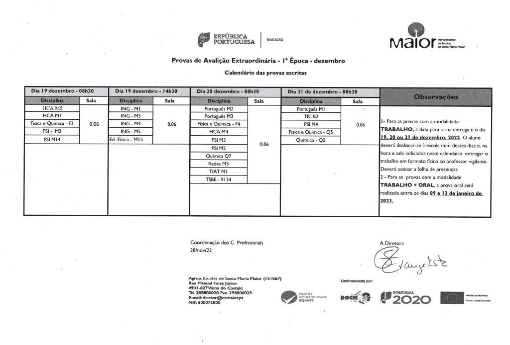 Calendário Avaliações Extraordinárias 1ª época